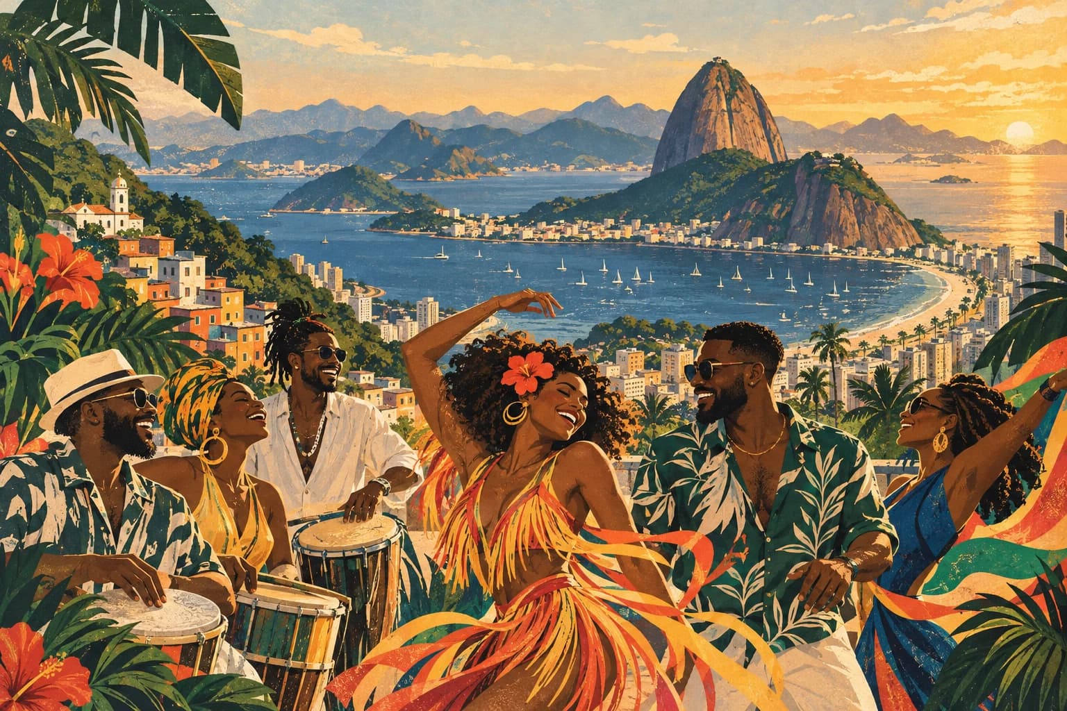 Editorial illustration of Black travelers and samba musicians overlooking Rio’s bay and Sugarloaf Mountain.